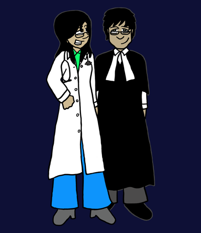 A woman and man in their thirties stand together. The woman is wearing a doctor's white coat and has a stethoscope draped around her neck. She has medium-length black hair, brown eyes, light brown skin, glasses, and a mischievous expression. The man is very slightly taller than the woman. He has black hair, brown eyes, brown skin, and glasses, and he's smiling. He is dressed in a lawyer's gown.