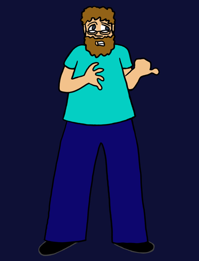 A large man with reddish-brown hair and a beard glances apprehensively to his left. He is gritting his teeth and gesturing left with his thumb. He has grey eyes, fair skin, and glasses, and he's wearing an aquamarine T-shirt and dark blue pants.