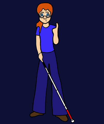 A young woman stands with her left forefinger raised. She is wearing a light blue shirt and dark blue jeans, and she is holding a white cane. Her bright red hair is pulled back in a ponytail. Her blue eyes are wide and startled. She has fair skin.
